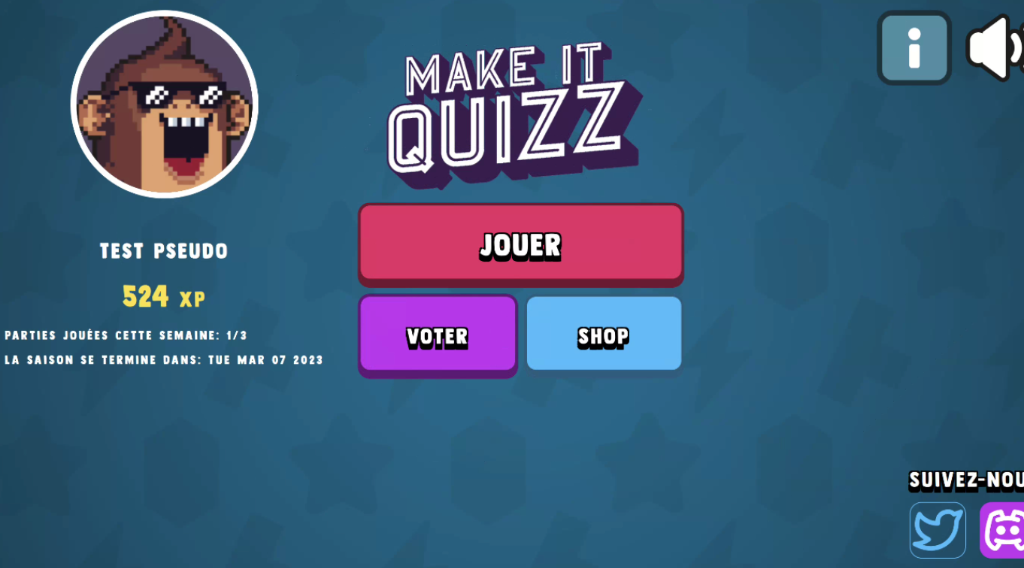Make It Quizz main menu interface with avatar and shop